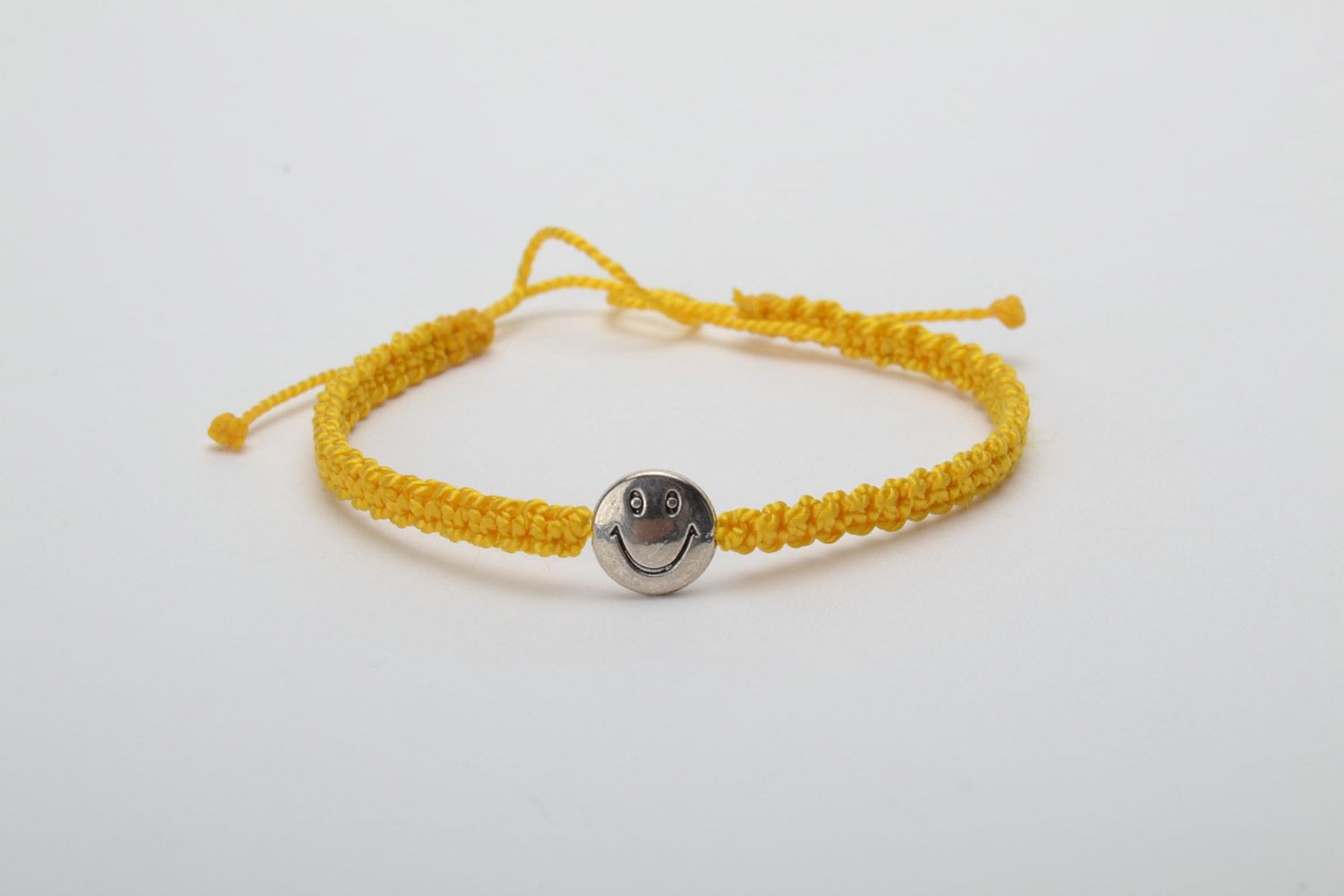 Handmade macrame woven women's wrist bracelet with metal charm smilie photo 5