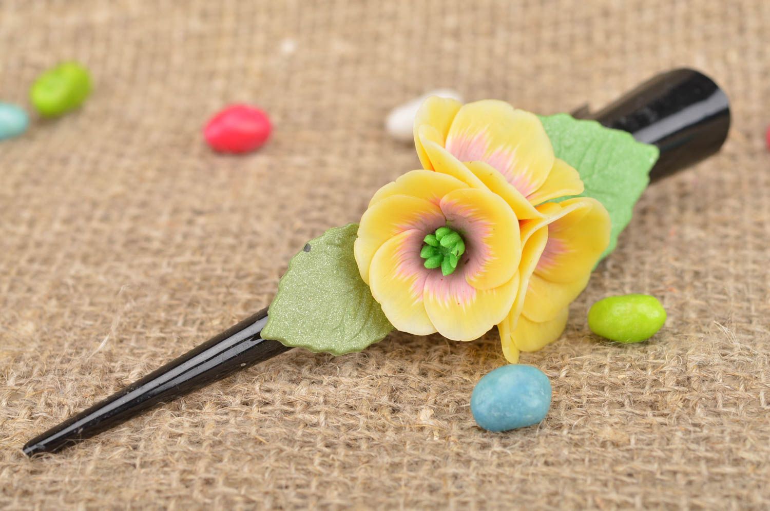 Yellow cute handmade long hair clip with flowers made of polymer clay  photo 1