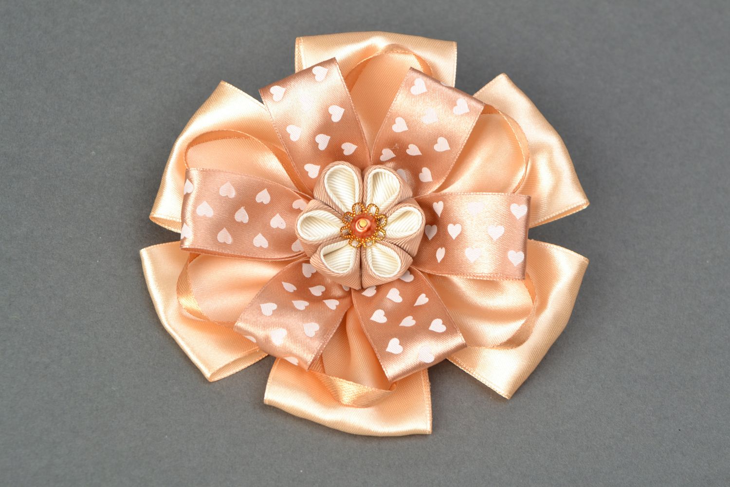 Satin ribbon hair tie with bow Beige photo 2