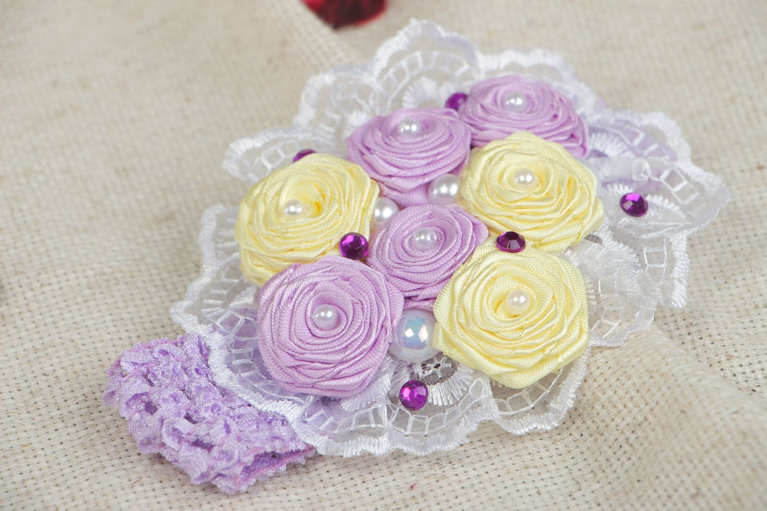 Stylish handmade headband with satin ribbon flowers in tender violet color palette photo 5