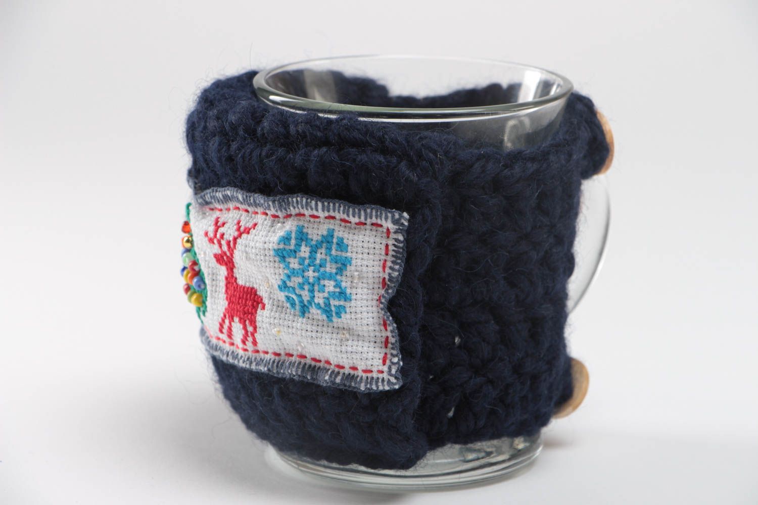 Handmade designer dark blue woolen cozy with embroidery and glass cup set photo 2