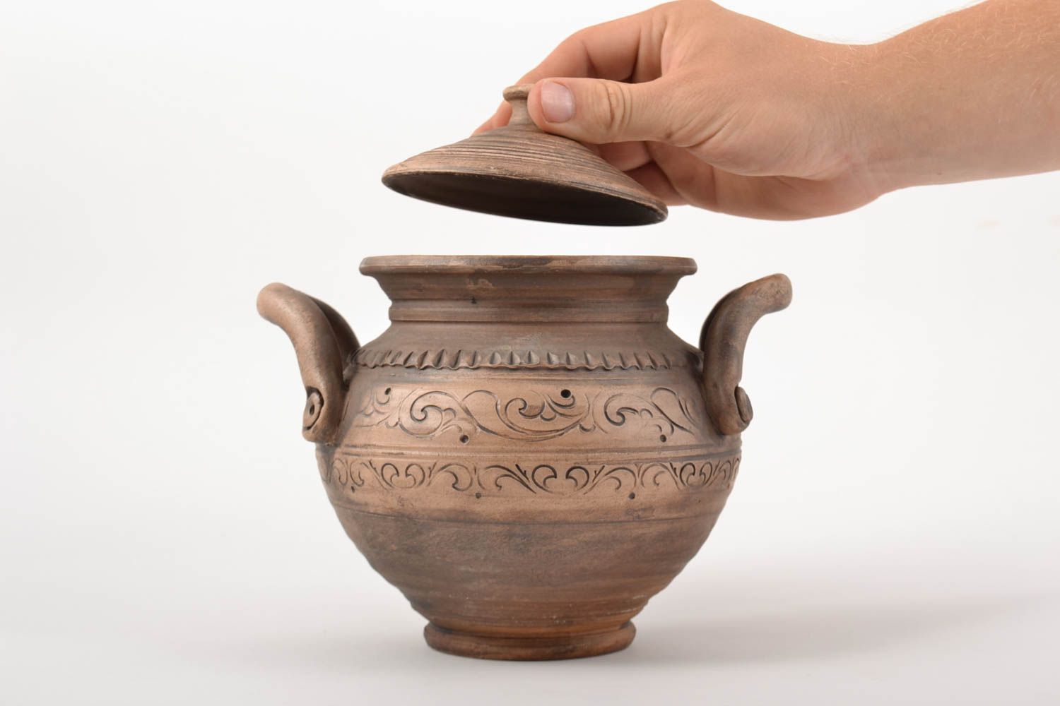 Pot de cuisine en argile fait main original vaisselle avec couvercle et anses photo 2