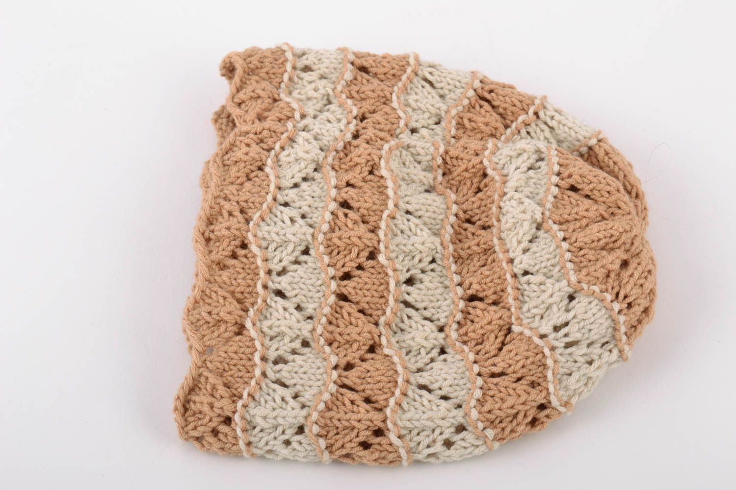 Handmade baby girl hat crocheted of light beige cotton threads size 340 mm photo 5