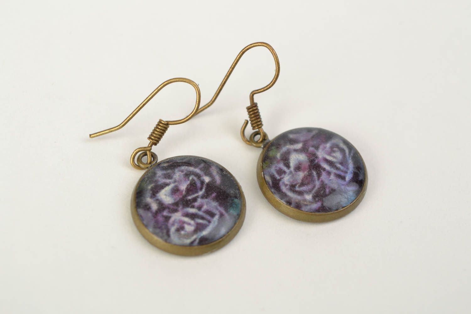Handmade violet decoupage round earrings with epoxy resin photo 1