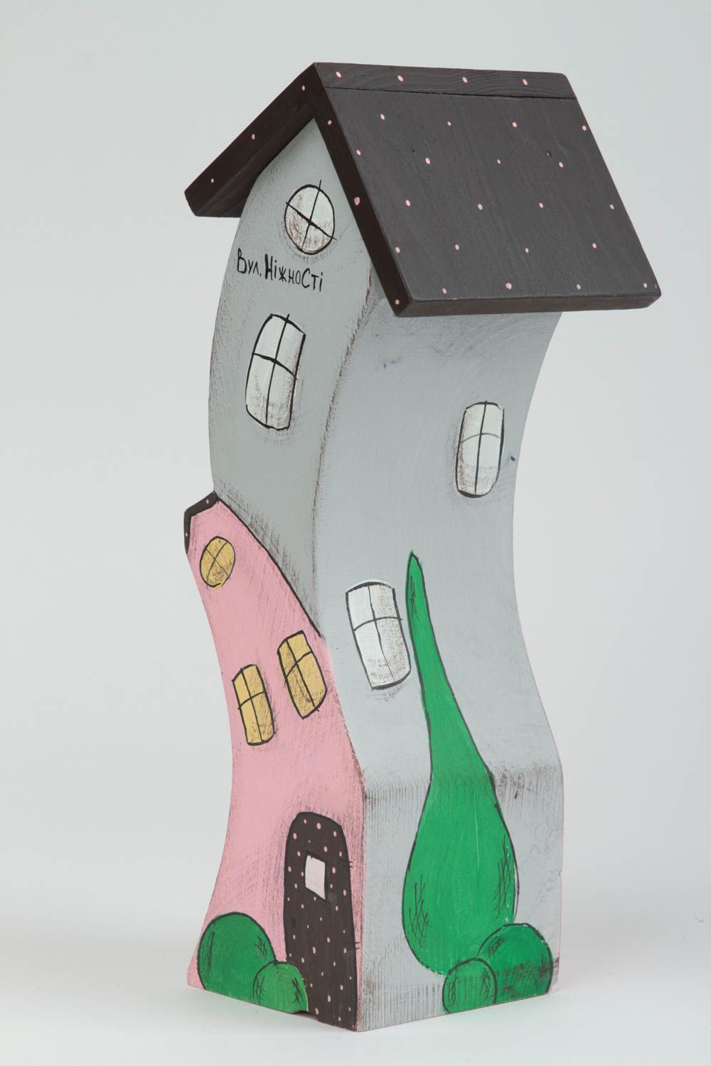 Maisonnette en bois fait main Petite statuette rose grise Déco intérieur photo 2