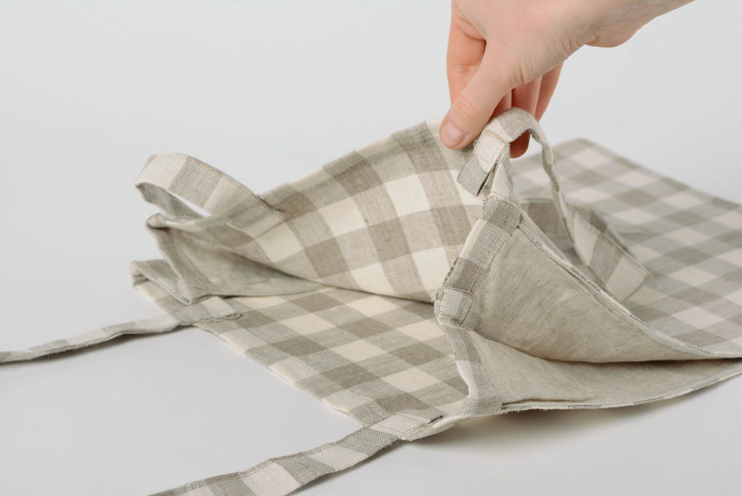 Handmade light checkered linen fabric small eco bag for women photo 2