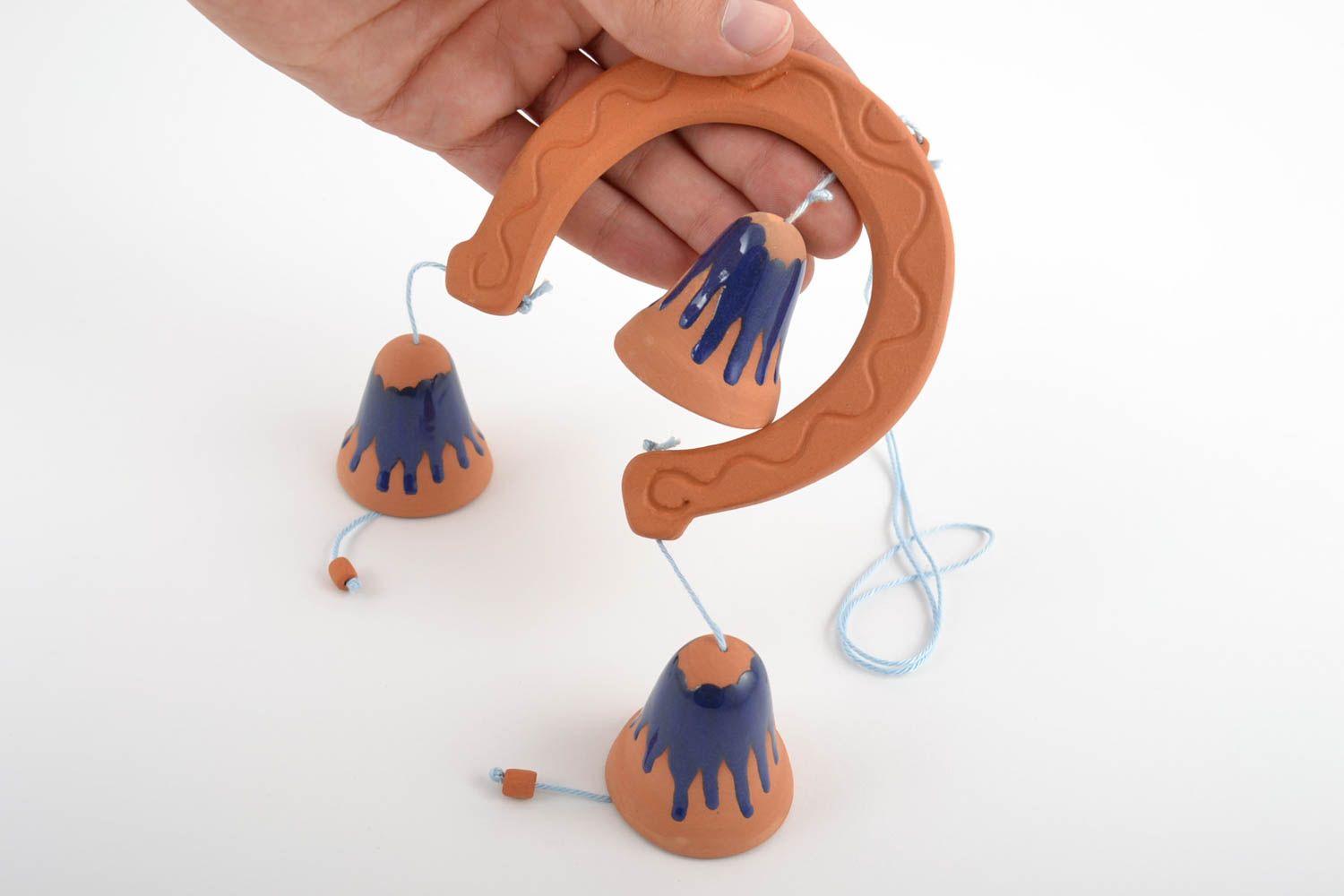 Designer ceramic bells on cord handmade painted with engobes interior pendant photo 2