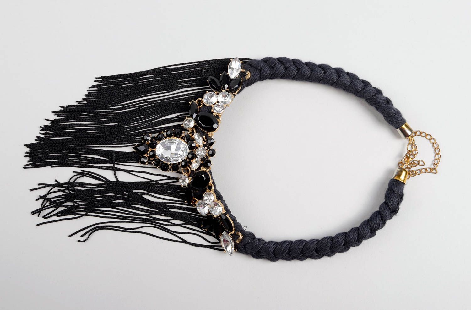 Collier textile Bijou fait main noir à franges design élégant Cadeau femme photo 4