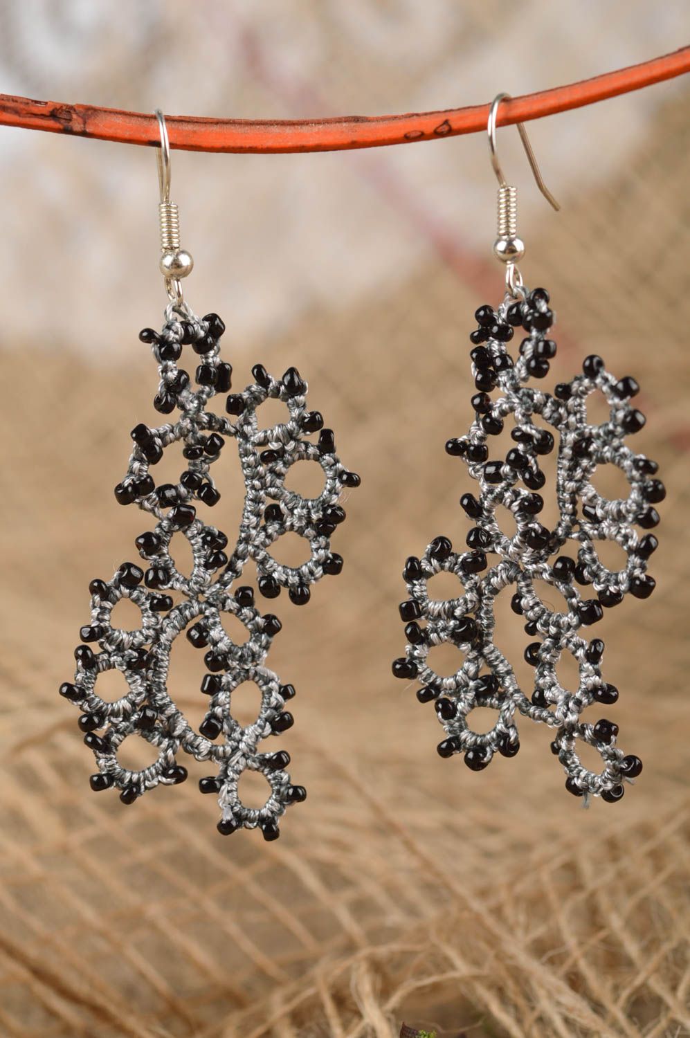 Unusual handmade beaded earrings textile earrings with beads tatting ideas  photo 1