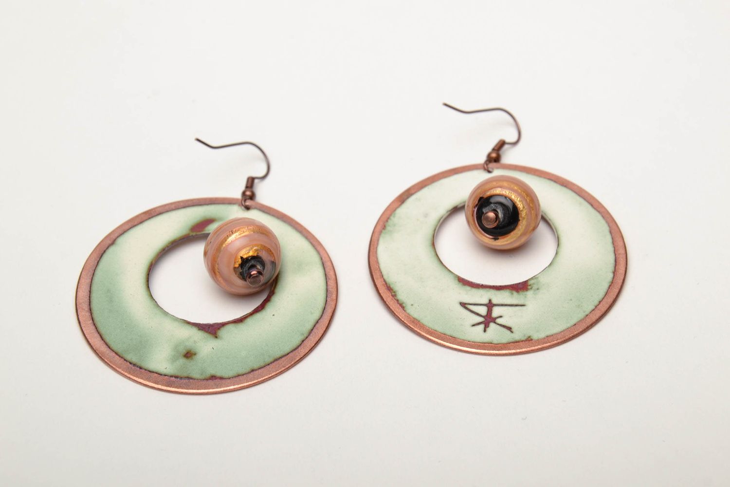 Round copper earrings with beads photo 5