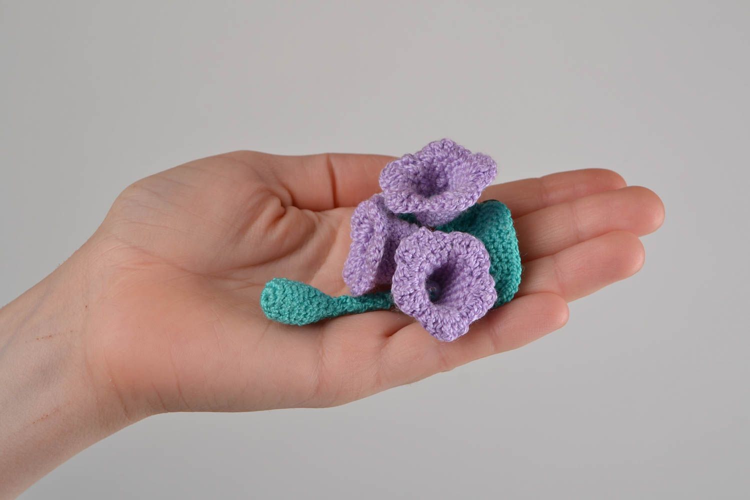 Handmade elegant brooch with three crocheted tender violet flowers photo 1