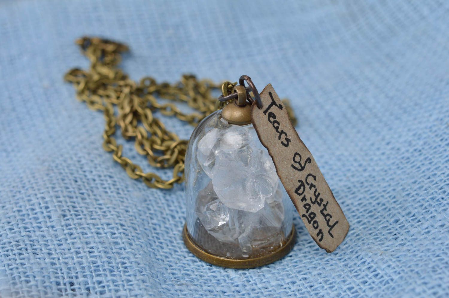 Handmade cute pendant in shape of glass jar with crystals inside on chain photo 2