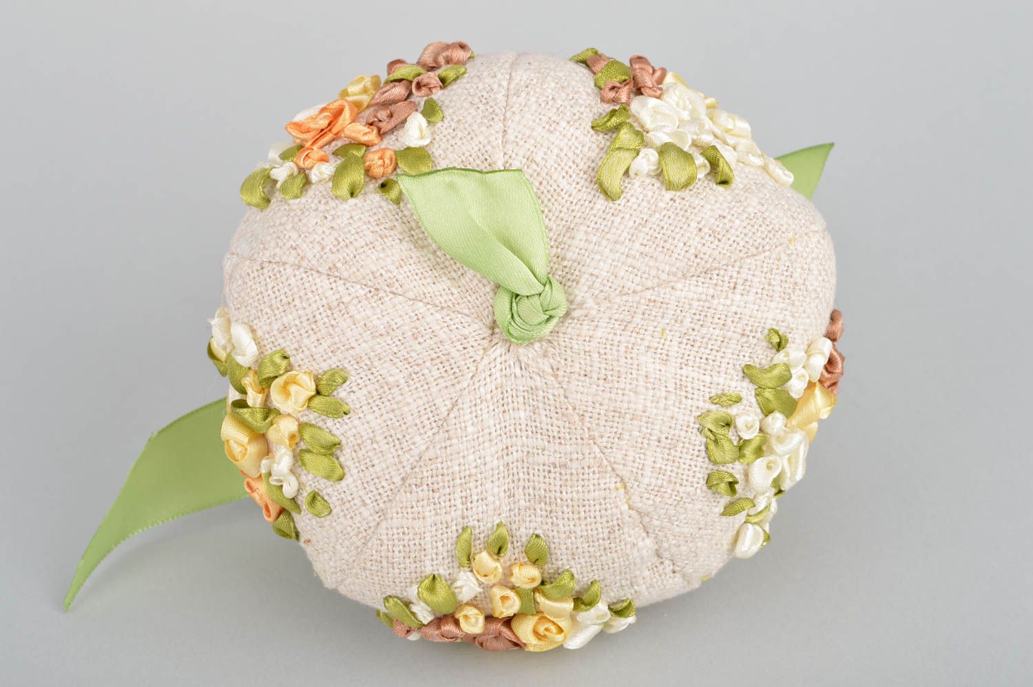 Handmade designer linen fabric soft interior cushion with embroidery Pumpkin photo 5
