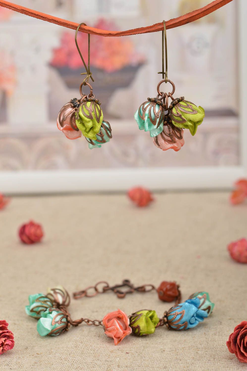 Set of textile jewelry handmade earrings satin bracelet flower jewelry photo 1