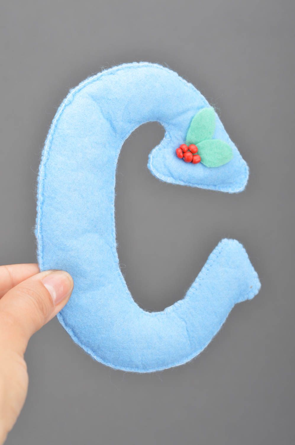 Handmade unusual blue small decorative letter C made of felt with beads photo 3
