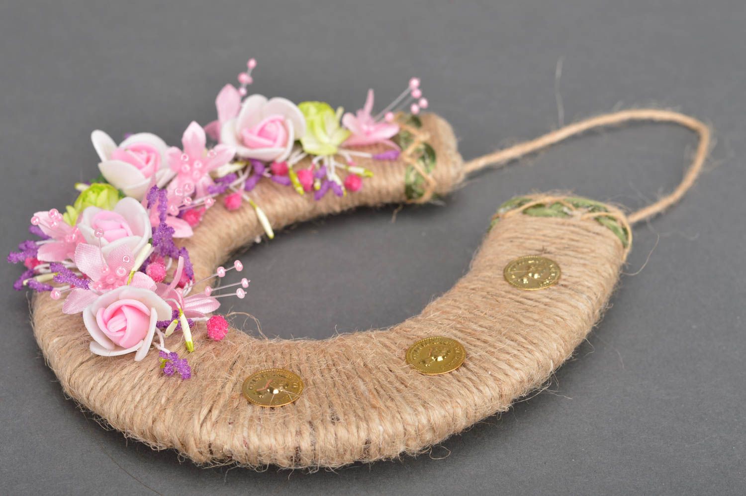 Handmade Hufeisen Anhänger Wand Deko Wohn Accessoire mit Blumen Zum Glück foto 2
