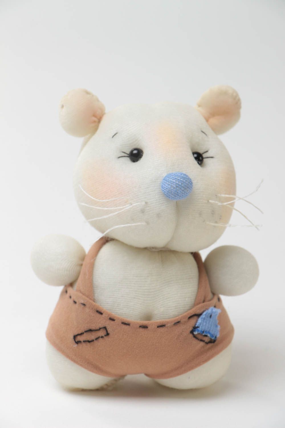 Handmade small nylon soft toy in the shape of white mouse with blue nose photo 2