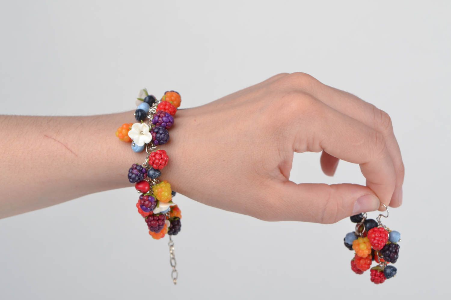 Beautiful stylish handmade polymer clay berry earrings and bracelet jewelry set photo 2