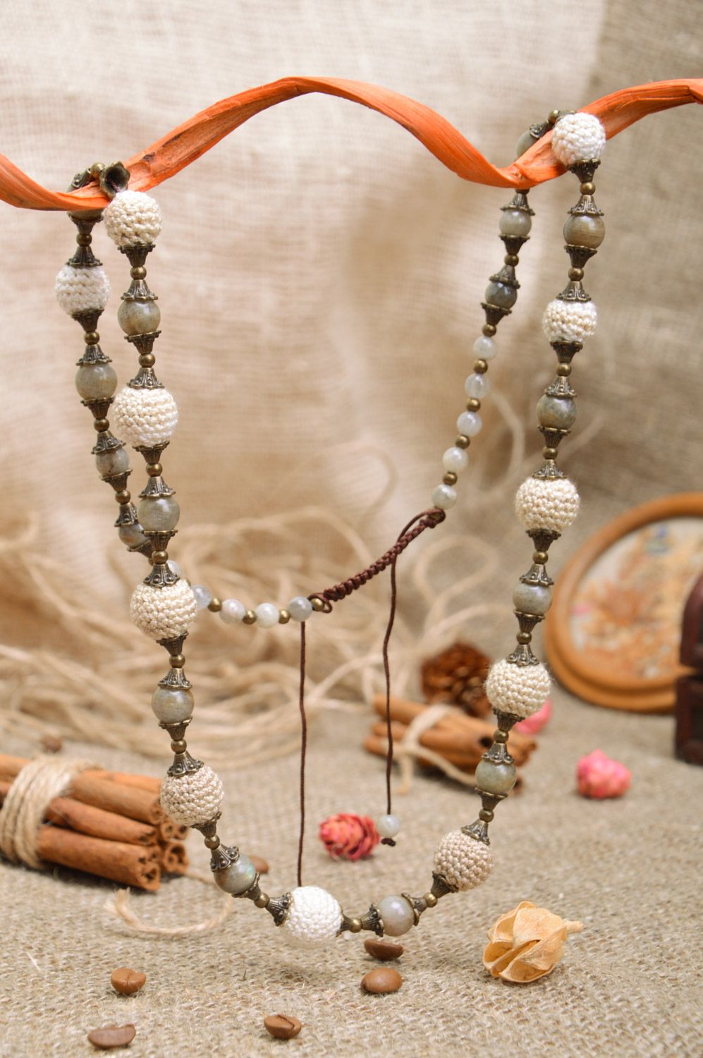 Handmade crocheted beaded necklace with fancy metal fittings in tender colors photo 3