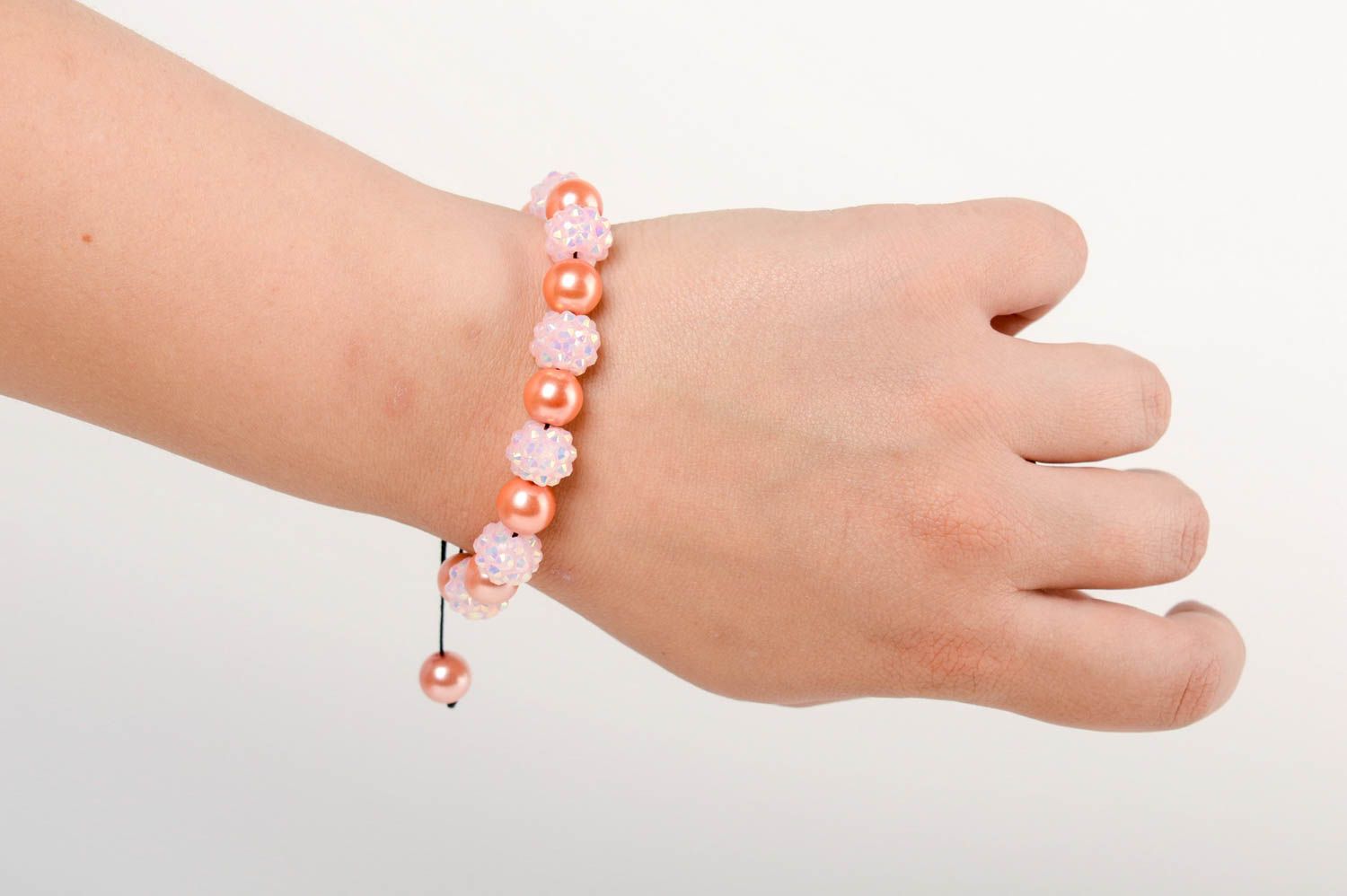 Handmade women's designer macrame woven wrist bracelet with ceramic pearls  photo 5