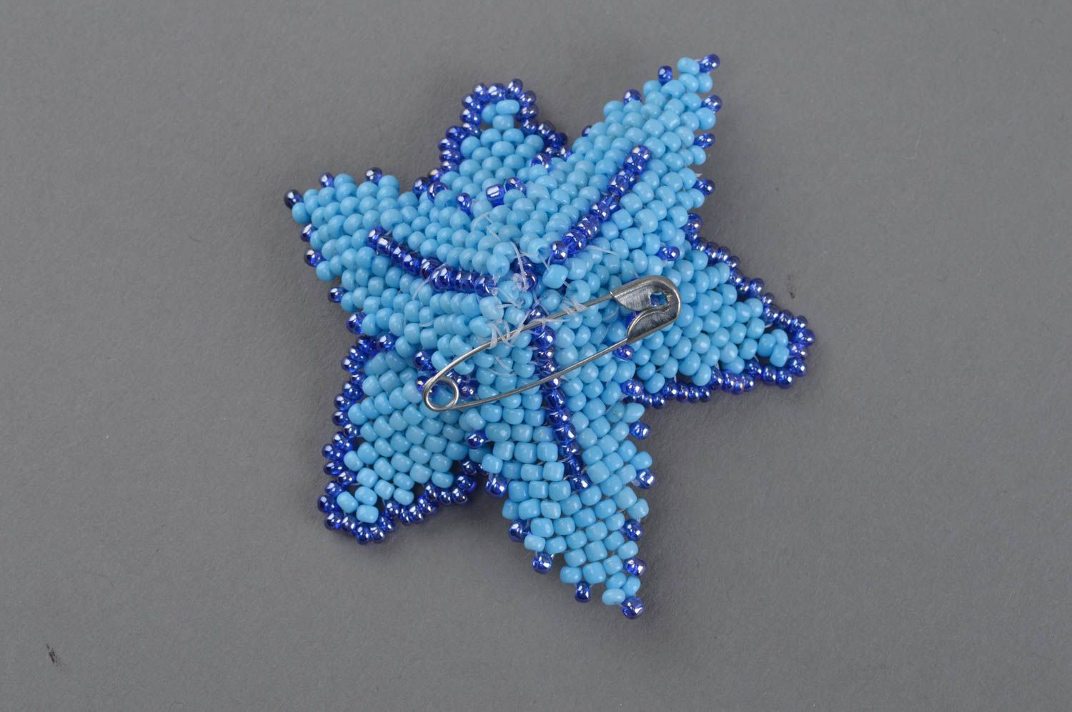 Unique beautiful handmade beaded brooch created in form of light blue flower photo 4