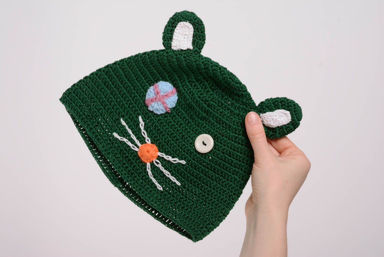 Bonnet tricoté pour enfant en fils synthétiques vert drôle fait main Chat photo 5