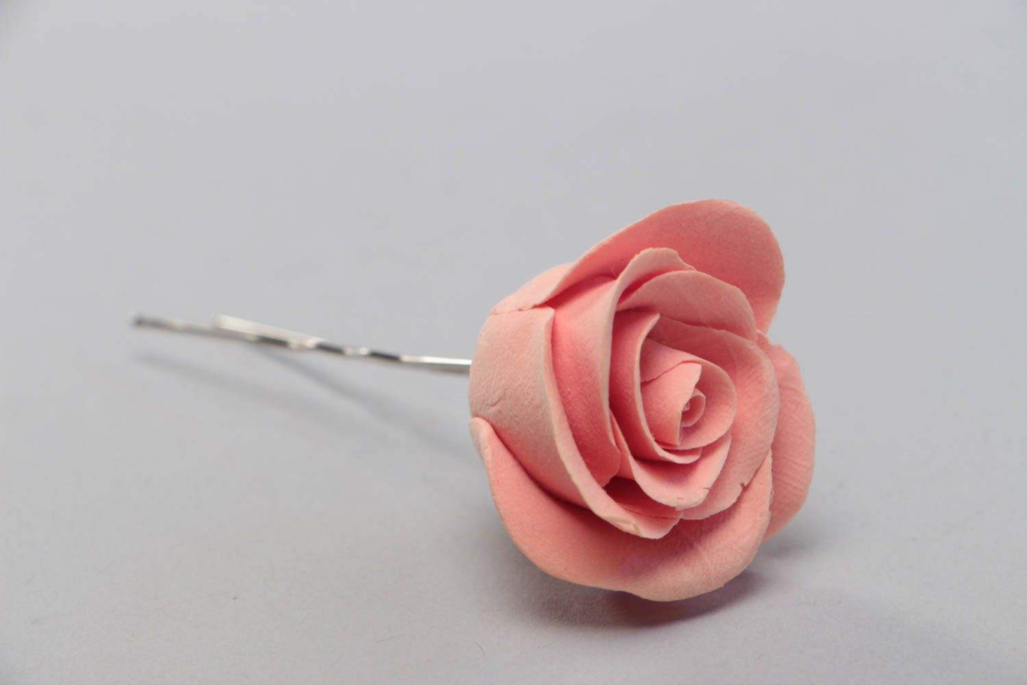 Handmade decorative hair pin with polymer clay rose flower of pink color photo 2