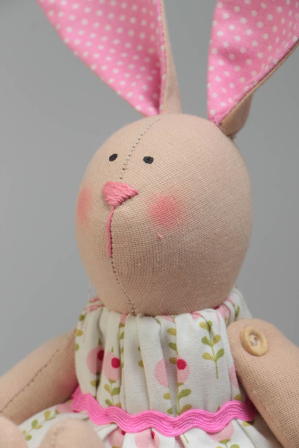 Handmade cotton fabric soft toy rabbit in floral dress with pink polka dot ears photo 3