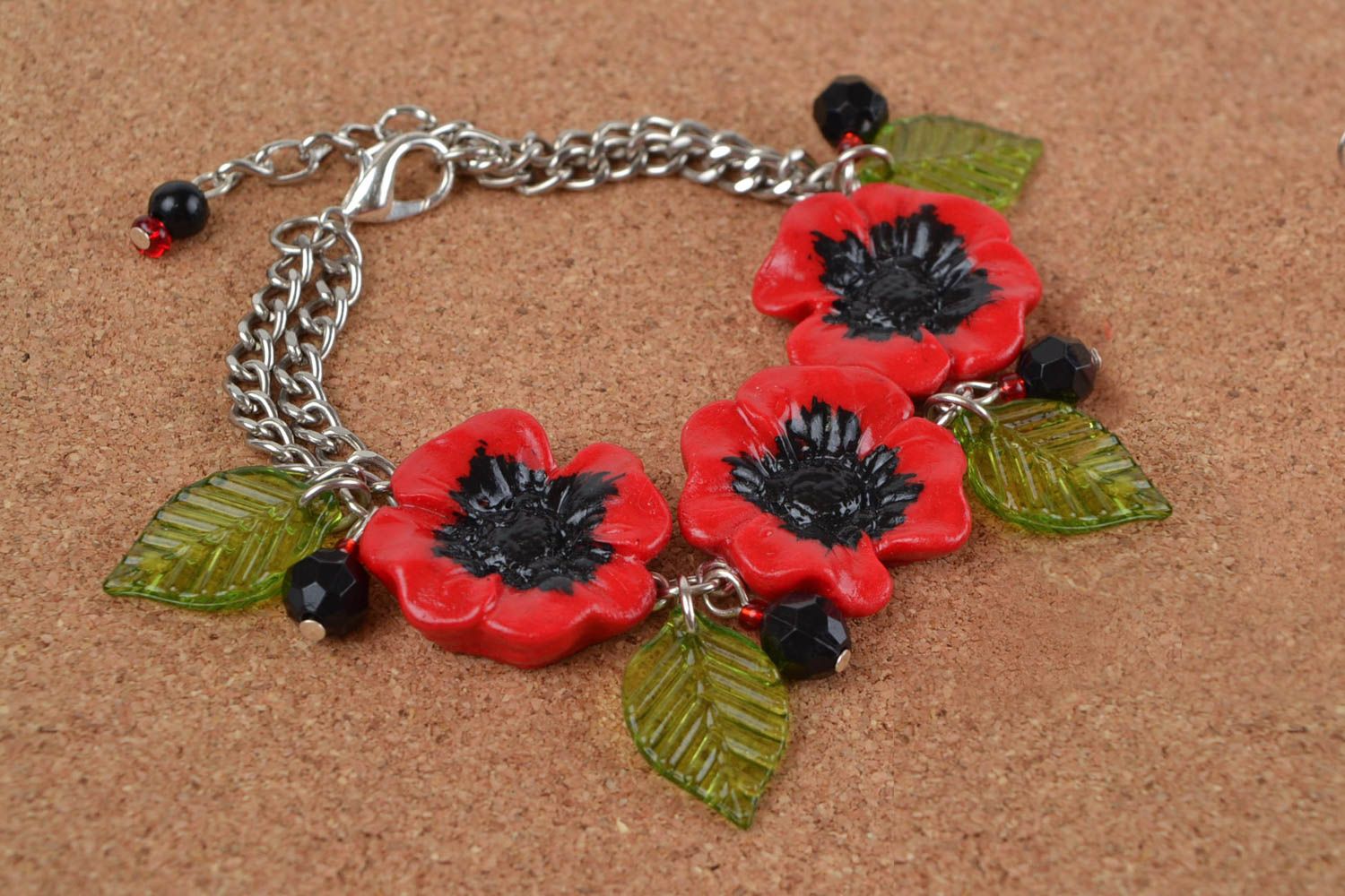 Handmade designer metal chain wrist bracelet with polymer clay red poppy flowers photo 2