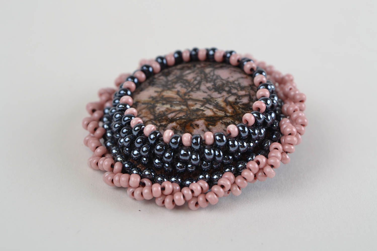 Handmade female evening round beaded brooch made of natural stone photo 3
