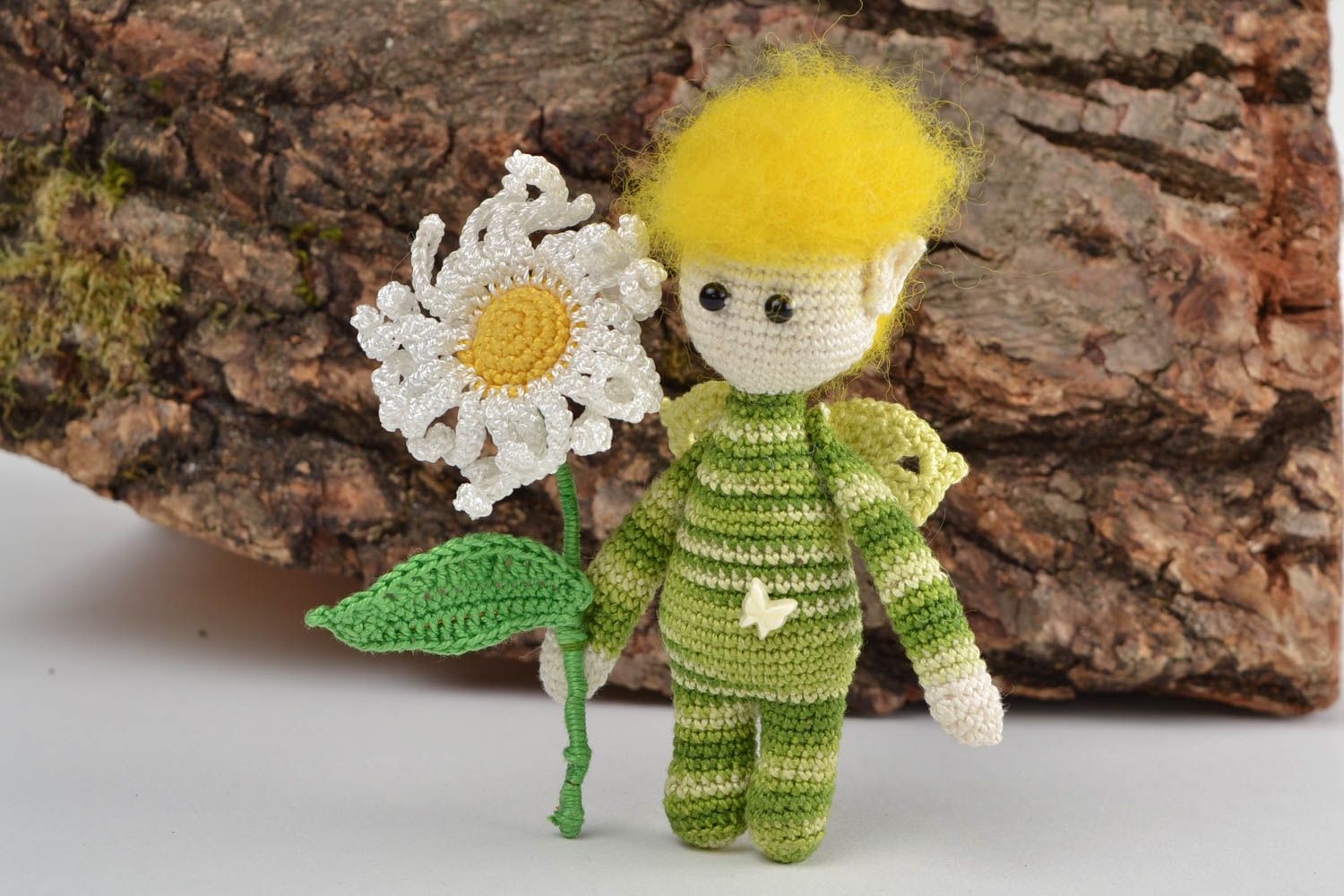 Handmade small soft toy crocheted of cotton threads Small Elf with Chamomile photo 1