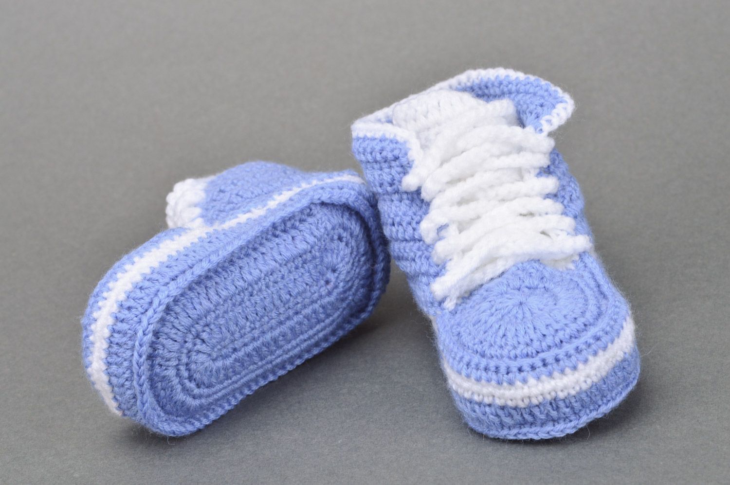Handmade small crocheted blue baby sneakers with white shoelaces  photo 5