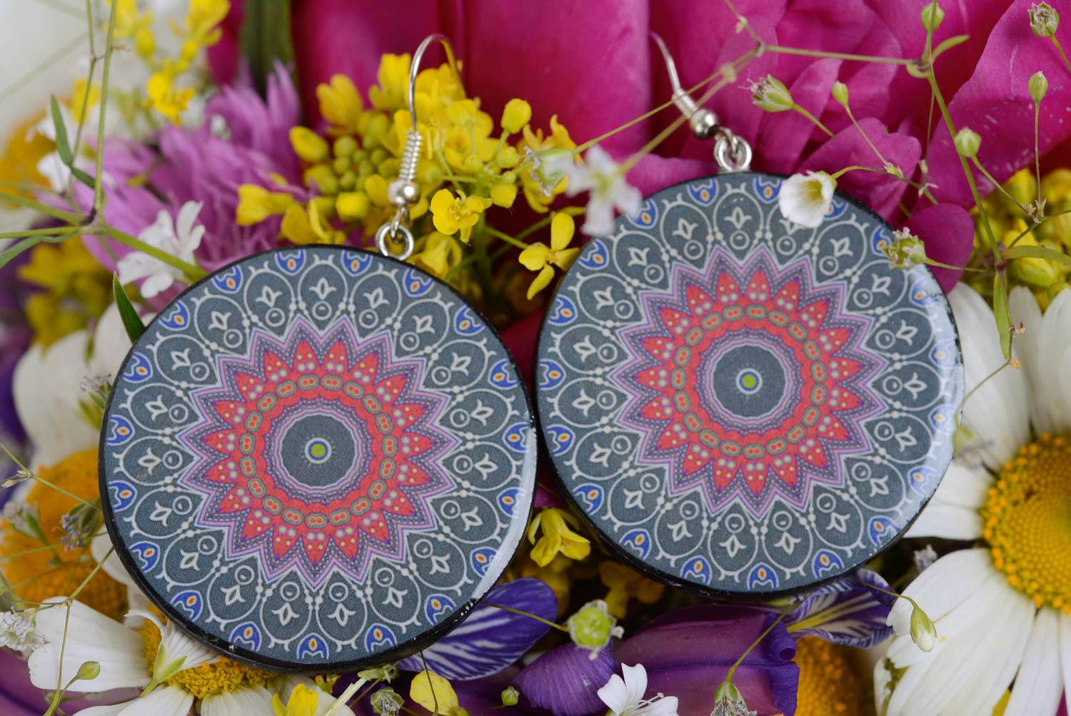 Bright handmade round plastic earrings with ethnic ornament unusual design photo 1