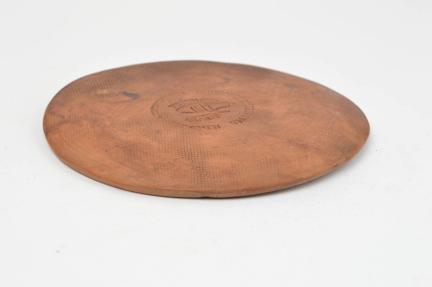 Petite assiette en argile faite main ronde avec motifs fleur marron originale photo 4