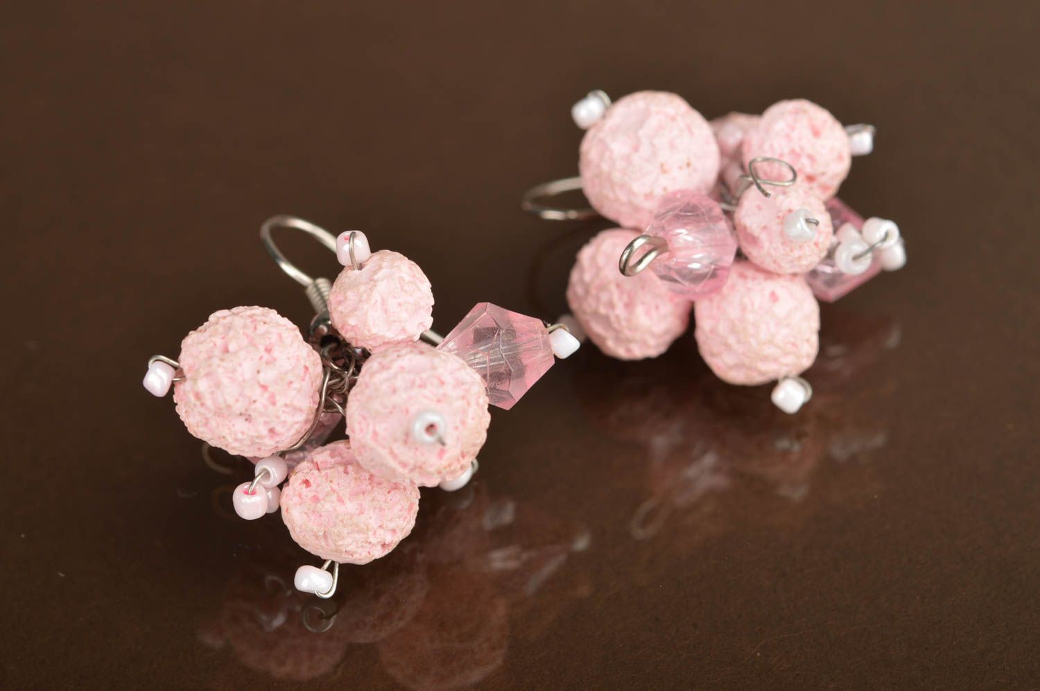 Handmade pink earrings made of polymer clay and beads on hooks photo 4