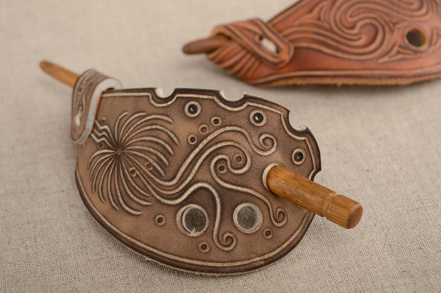 Carved leather hairpin photo 4
