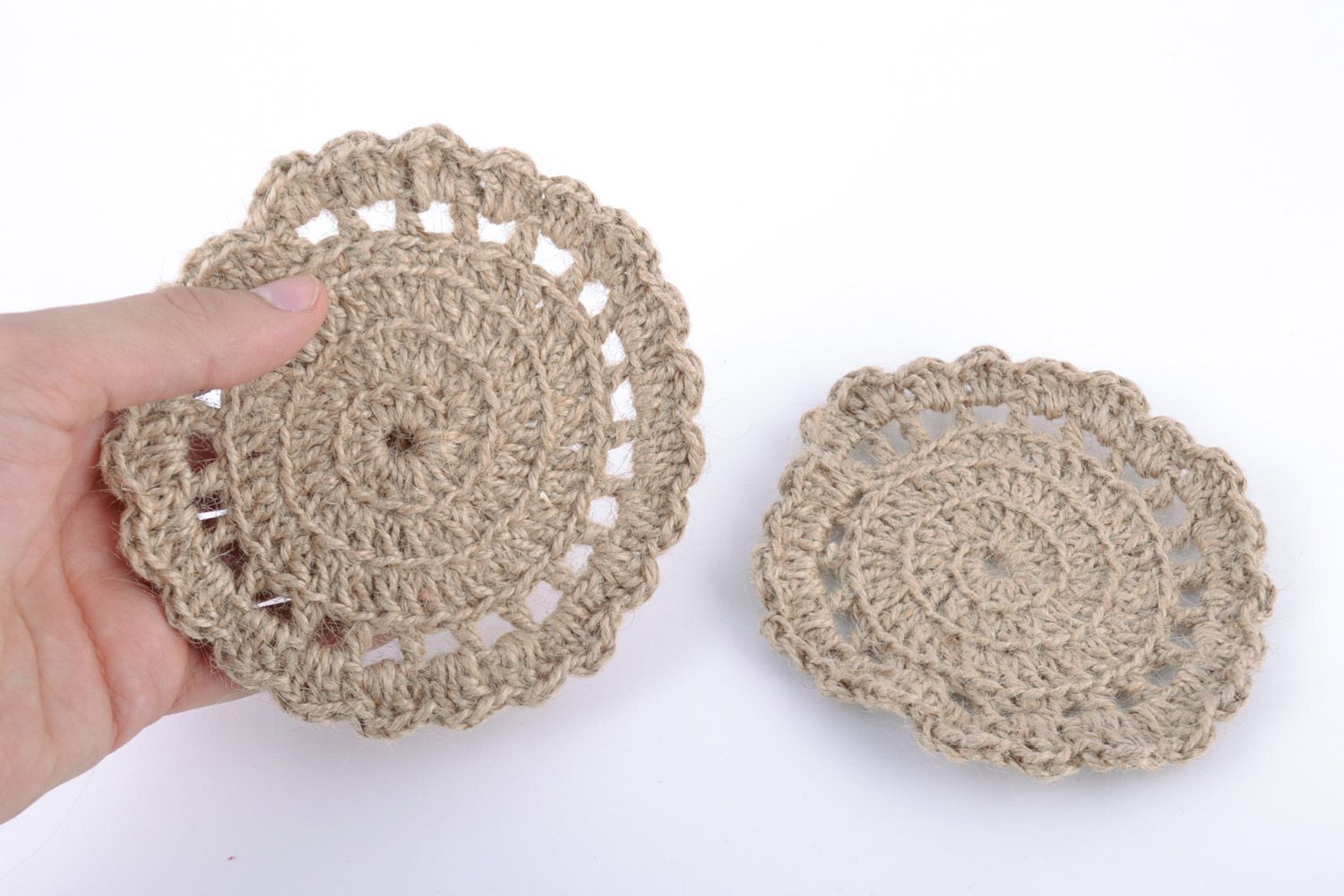 Set of gray lacy handmade coasters crochet of twine 2 pieces photo 2