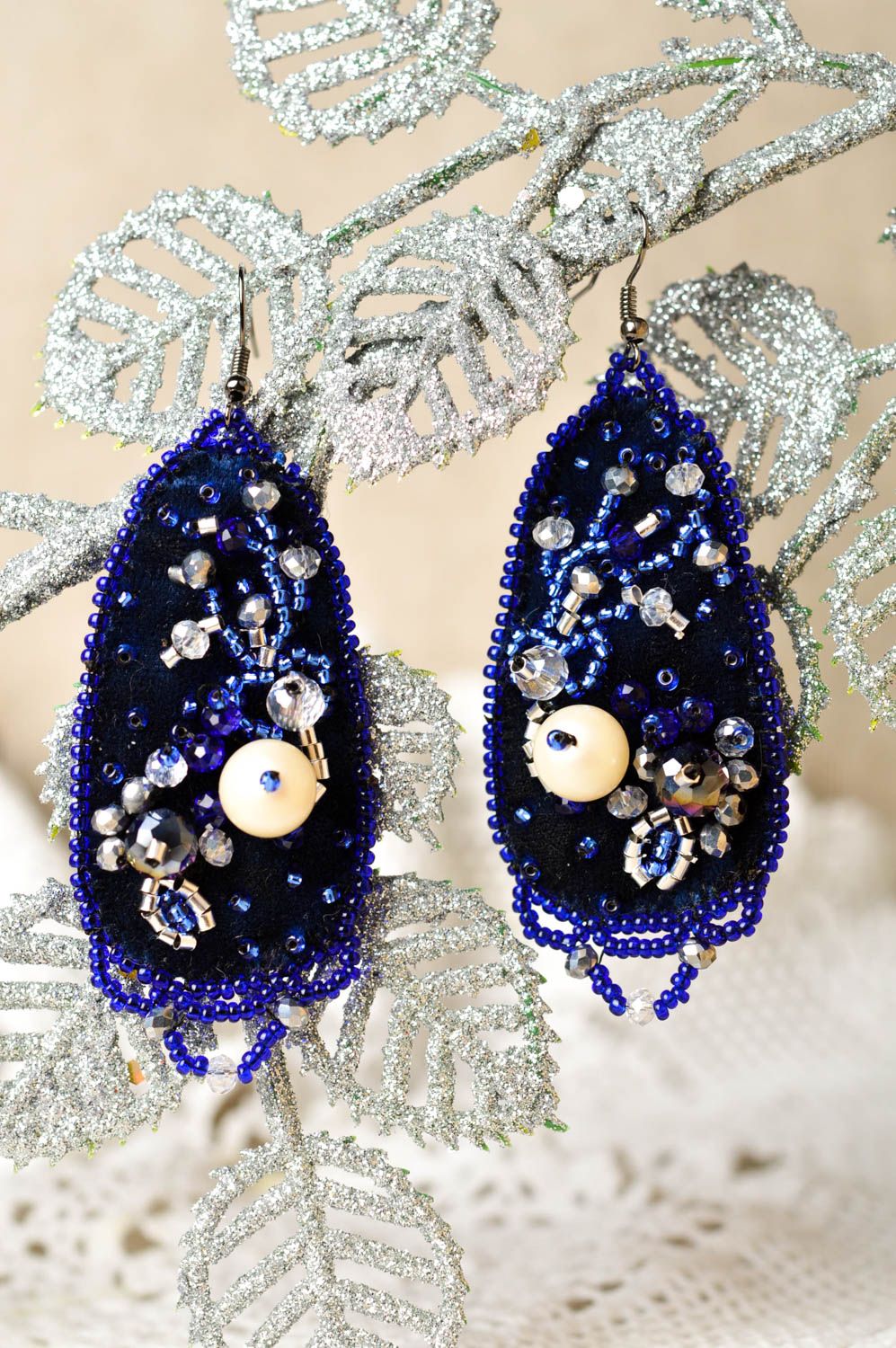 Handmade Modeschmuck Ohrringe Rocailles Schmuck Damen Accessoire dunkelblau groß foto 2