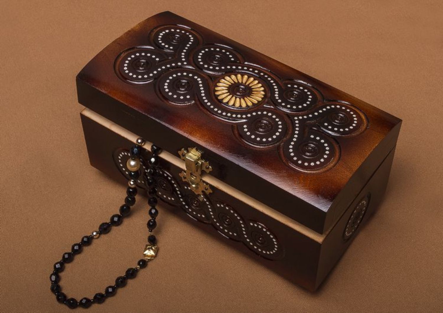 Wooden carved jewelry box with inlay photo 5