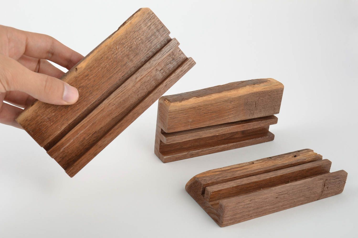 Set of 3 handmade stylish convenient desk tablet stands wooden brown varnished photo 5