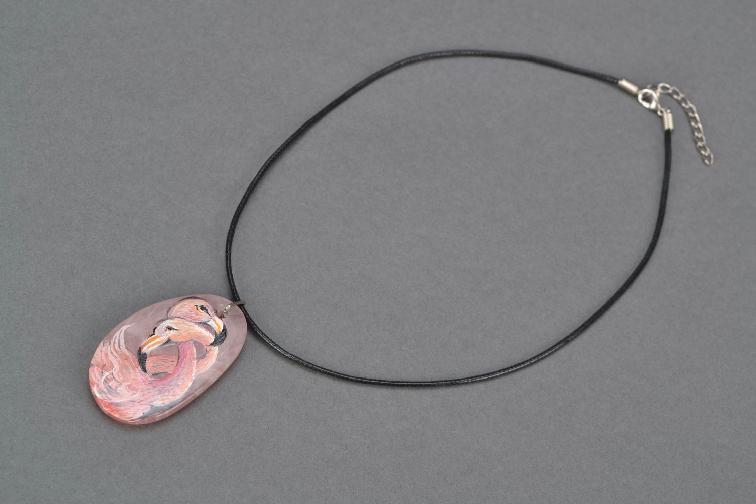 Natural quartz pendant with painting Pink Flamingos photo 1