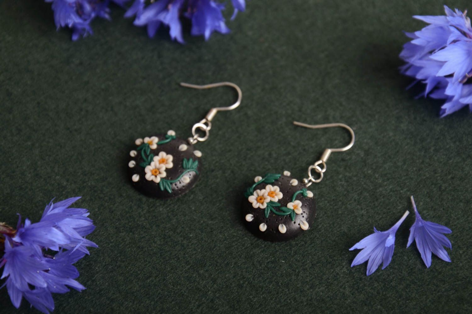 Handmade small round dangling earrings molded of polymer clay with flowers photo 1