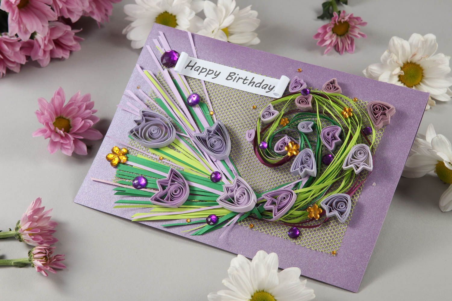 Tarjeta de felicitación lila con flores postal hecha a mano regalo original foto 1
