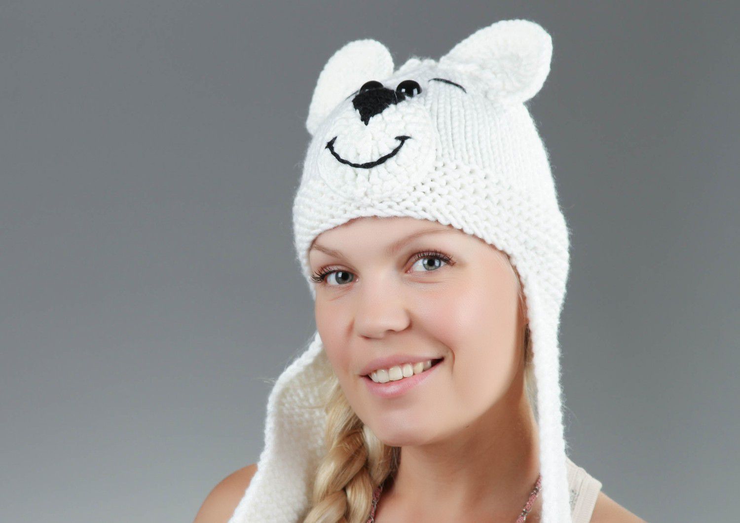 Knitted hat Bear, white color photo 5