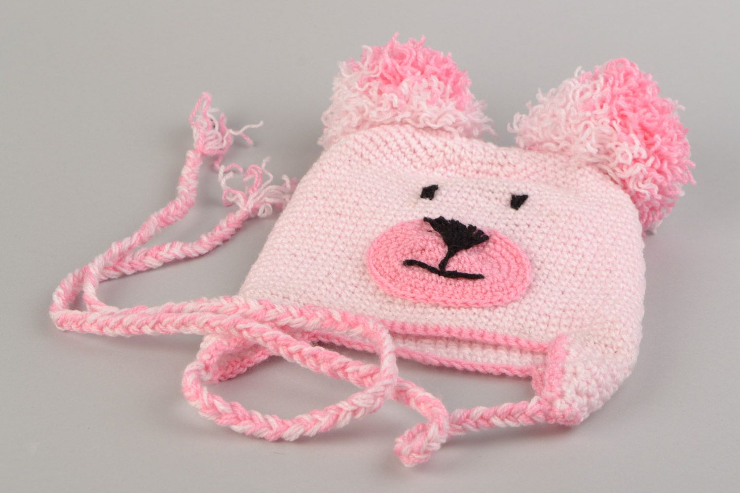 Handmade hat crocheted of hypoallergenic acrylics in the shape of pink bear photo 3