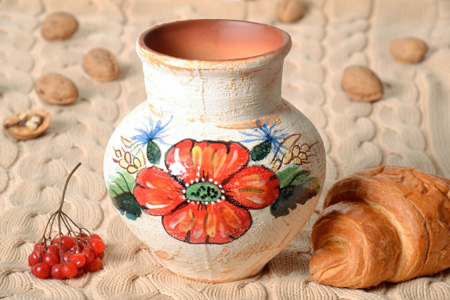30 oz ceramic handmade village-style milk jug with floral décor 2 lb photo 1