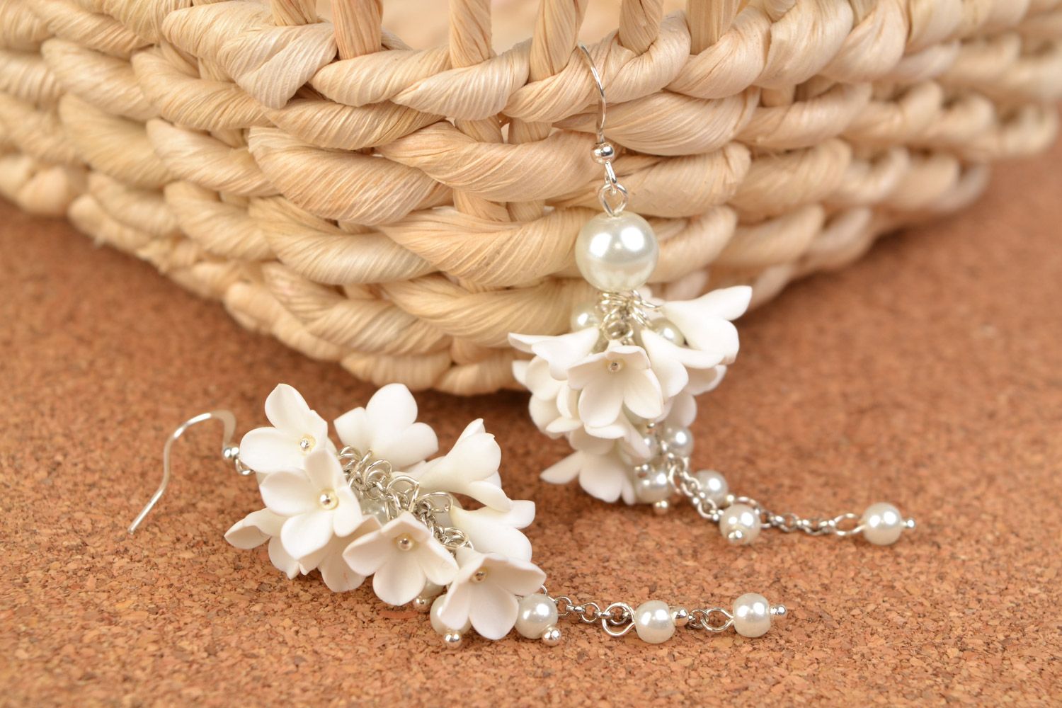 Handmade wedding dangling earrings with white polymer clay flowers and glass beads photo 1