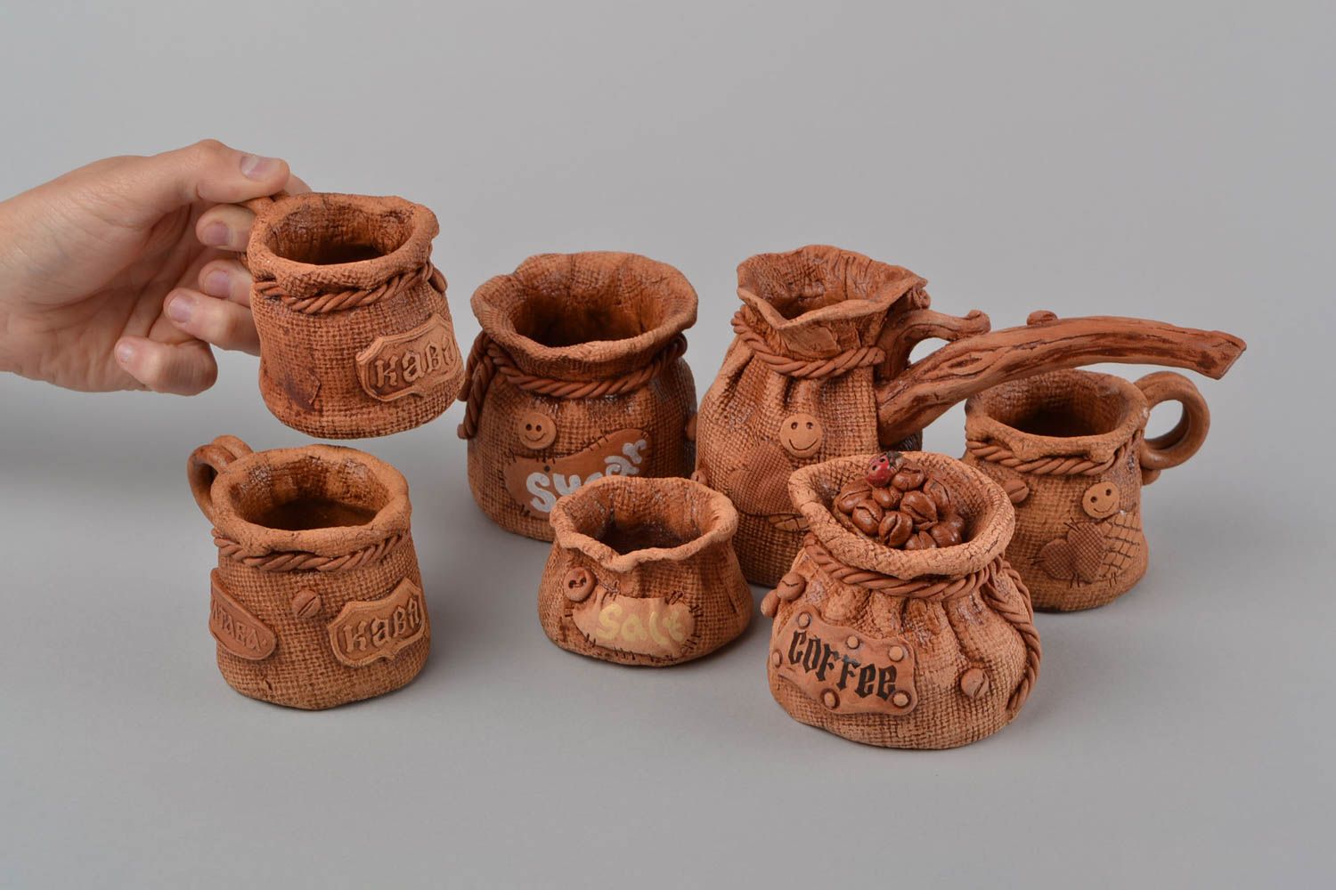 Clay brow decorative pottery set in 7 pieces - three espresso cups, coffee turk, sugar, and salt jars photo 5