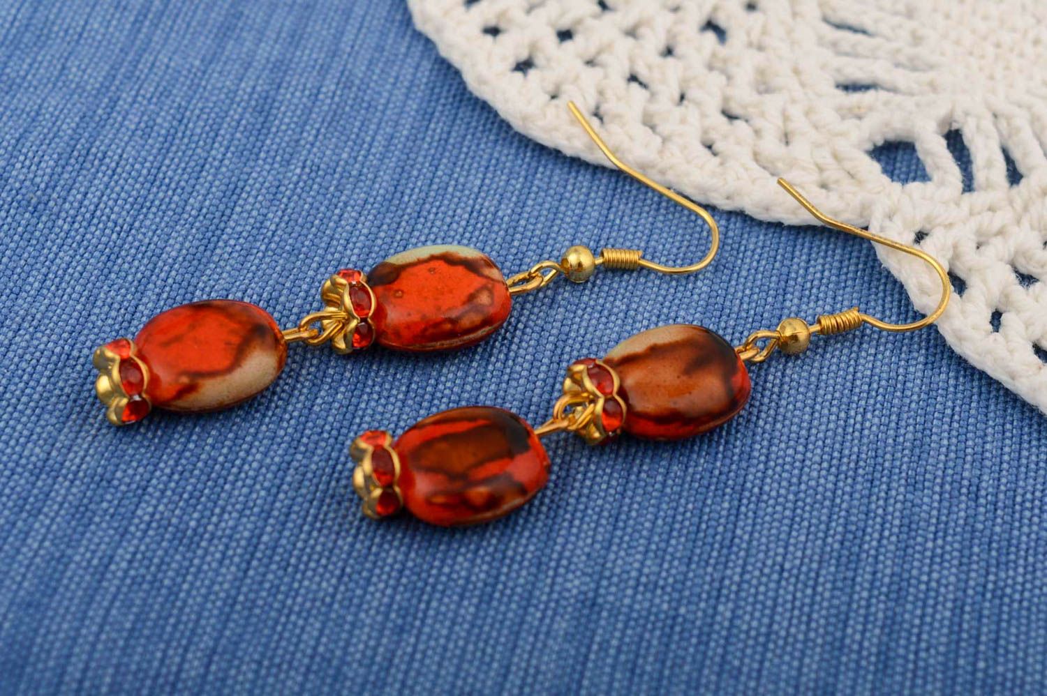 Handmade dangle earrings with plastic beads in red and brown color palette photo 1