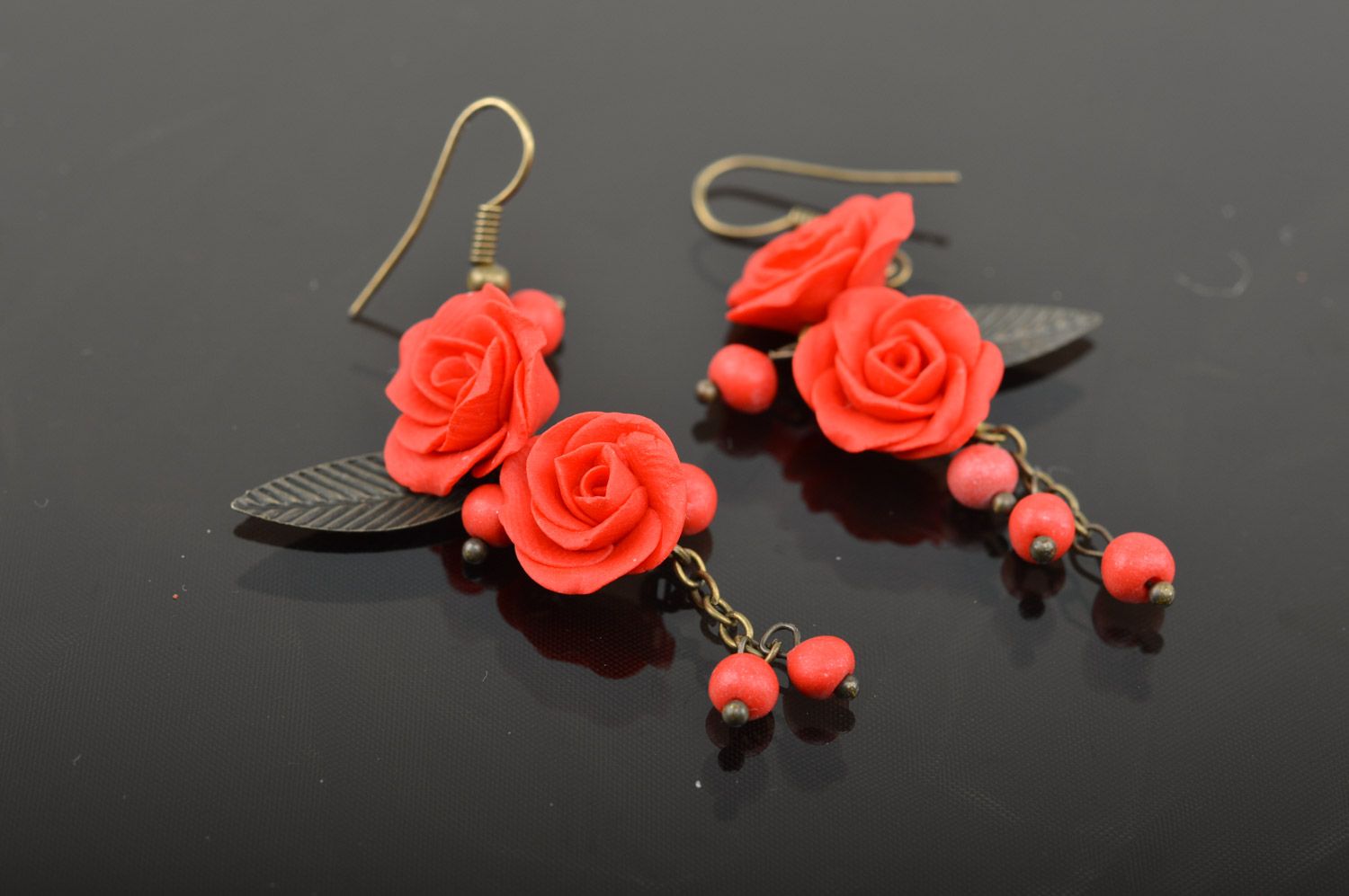 Handmade women's polymer clay flower earrings with charms in the shape of roses and beads photo 3